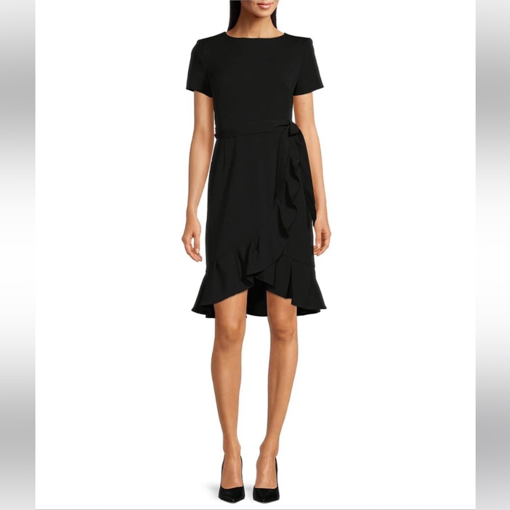 Calvin Klein Boat Neck Short Sleeve Belted Ruffle
Hem Faux Wrap Dress Size 4